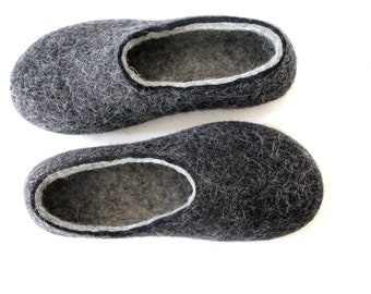 Christmas giftdad Boiled felted wool moccasin slippers Men, Wool house shoes Black and Grey minimalist Barefoot