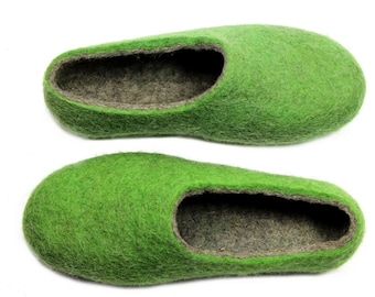 Warm Green boiled felted wool slippers Shoes, Barefoot House Warmming gifts for Men Christmas Winter Holidays - custom 37 colorways