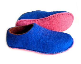 Cozy Wool Felted Slippers Blue Pink Brown - ColorBlock Personalized 30 colors, 10 color Crepe rubber soles for indoors and out