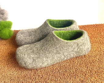 Slippers Mothers Day Felt wool Matcha Green Gray, Housewarming gifts - Custom colors with Eco Crepe soles