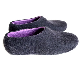 Boiled natural wool slipper Black Purple, Warm Ecofriendly house shoes for Men, Personal travel gift Christmas Winter - Pick custom colors