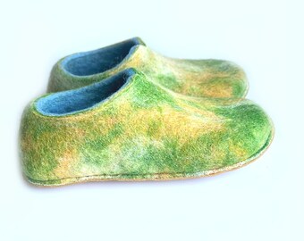Indoor wool slippers Green Blue - Marble Custom 37 colors, 10 color Crepe rubber soles for indoors and out