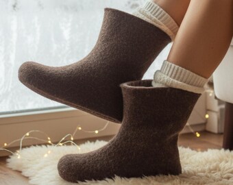 Cozy Wool Boots Women, Felted Winter Slippers, Handmade Barefoot Shoes, Warm Ankle Gift Chocolate Beige