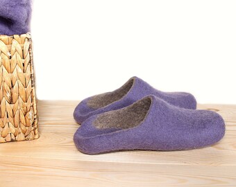 Wollen pantoffels voor dames, instapklompen voor thuis, attent zelfverzorgingscadeau, lavendel met grijze binnenkant, zachte ondersteuning voor dagelijks comfort