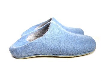 Powder Blue Wool closed toe slippers indoor, Barefoot Cold feet Wife Mothers day gift - Rubber sole grips  - Custom 37 organic wool colors