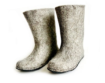 Felted Boots for Women, Holiday Gift in Dark Gray, Tall Barefoot Warmth, Handmade Cozy Slippers, Glue-Free Soles for Winter Calm