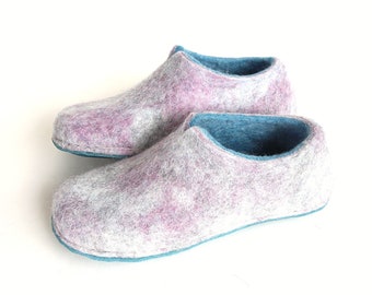 Marble colorblock boiled wool house shoe, Pink Aqua Personalized felted slipper Women, New wool 37 color, Personalized 10 color Crepe bottom