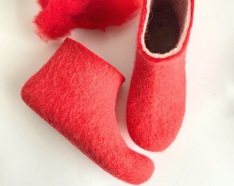 Natural Wool Felt Slipper Boots Ruby Red, Housewarming Gift for Mom Warm feet - Custom 37 wool colors+10 color rubber soles Non Slippery