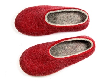 Boiled felted handmade mens shoes, Red Gray Felt wool Slippers - Christmas Warm gift for him - custom 37 colorways