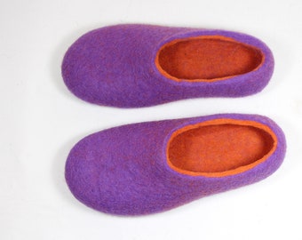 Hygge gift for her wool slippers handmade Purple Orange - Custom 30 colors + Non slippery rubbers soles for outdoors