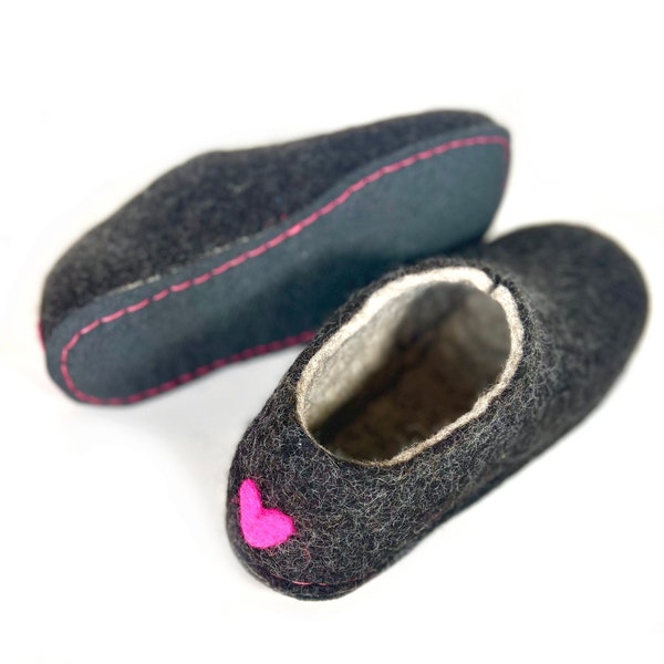 Eco felt Heart slippers women's Charcoal Pink Comfortable Shoes with Plantation Rubber soles - Supernatural gifts