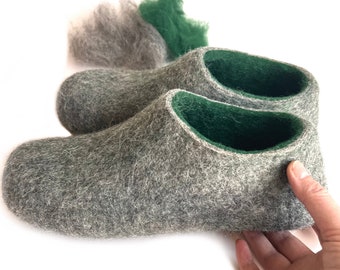 Wool house shoes Emerald Green Gray Felted slippers, Handmade sustainable Christmas Gift for Dad