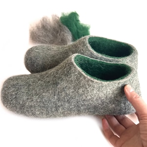 Wool house shoes Emerald Green Gray Felted slippers, Handmade sustainable Christmas Gift for Dad