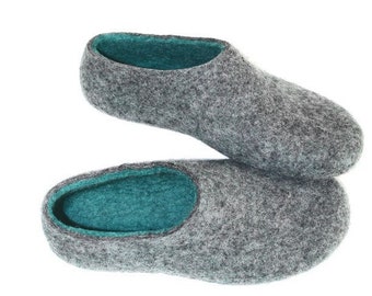 Ocean inspired Warm wool slippers women, Turquoise Grey Men felt shoes, Felted boots. Indoor Outdoor. Size US 6.5-13.5 CUSTOM Wool 37 Colors