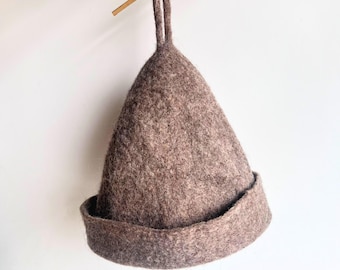Wool Sauna Hat with Hanging Loop, Felt Winter Cap for Men and Women, Undyed Nordic Warm Headwear