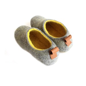 Custom color all wool slippers with easy Pulls, Best house slippers Yellow Gray with Leather like Eco Friendly Crepe soles image 2