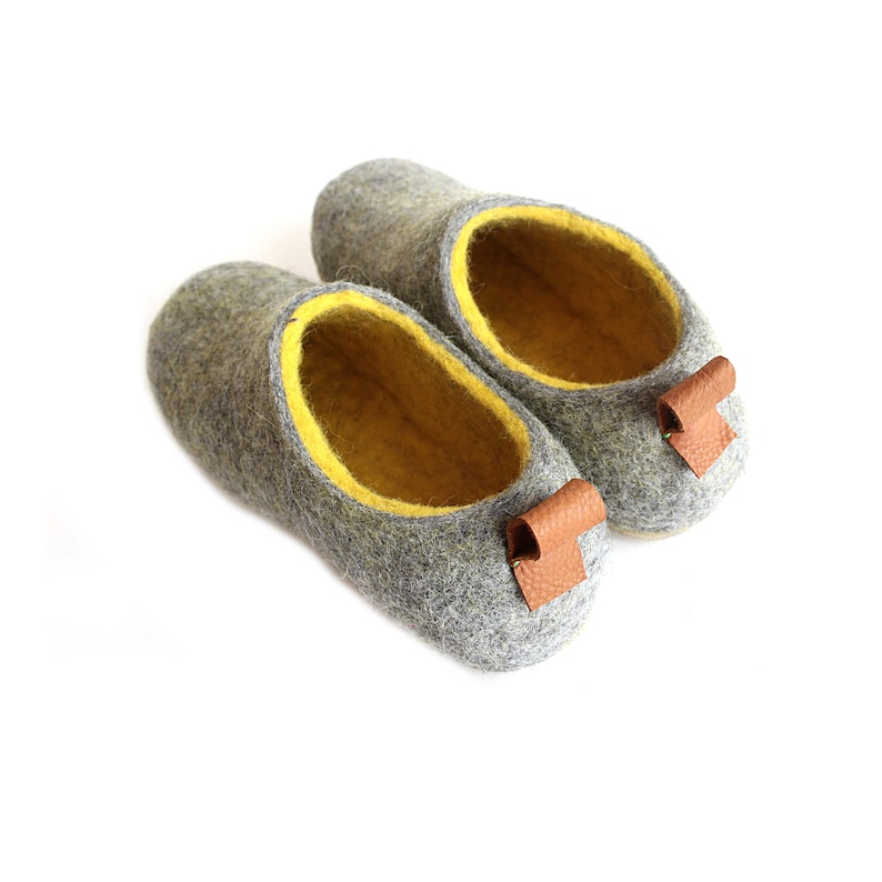 Custom color all wool slippers with easy Pulls, Best house slippers Yellow Gray with Leather like Eco Friendly Crepe soles image 2