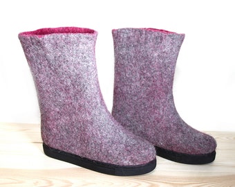Organic wool felted mid calf boots Pink Gray for home and winter outside with rubber soles - Pick your colors