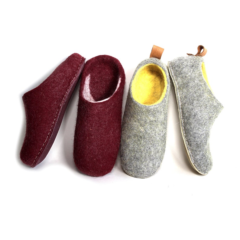 Custom color all wool slippers with easy Pulls, Best house slippers Yellow Gray with Leather like Eco Friendly Crepe soles image 10