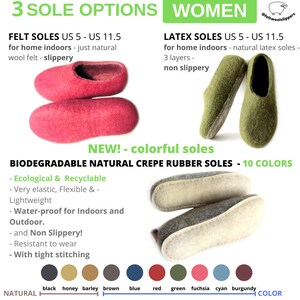 Eco-friendly wool slippers for women with three sole choices: felt, latex grip, or plant-based crepe rubber. Black and red coquette slippers solve cold floors while offering customizable comfort for gifting occasions.