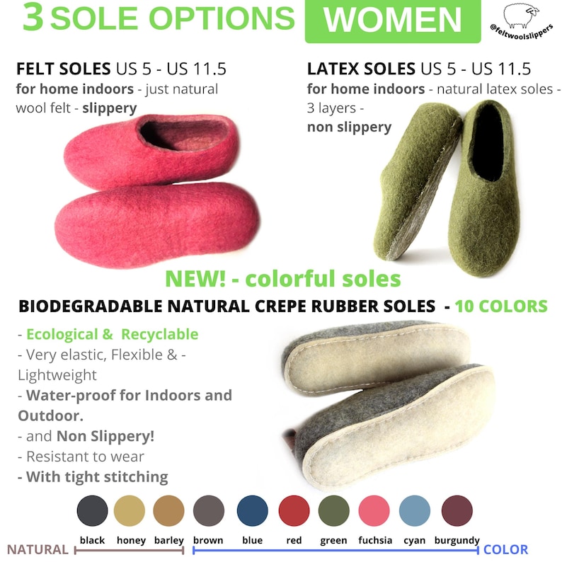 Eco-friendly wool slippers for women with three sole choices: felt, latex grip, or plant-based crepe rubber. Black and red coquette slippers solve cold floors while offering customizable comfort for gifting occasions.