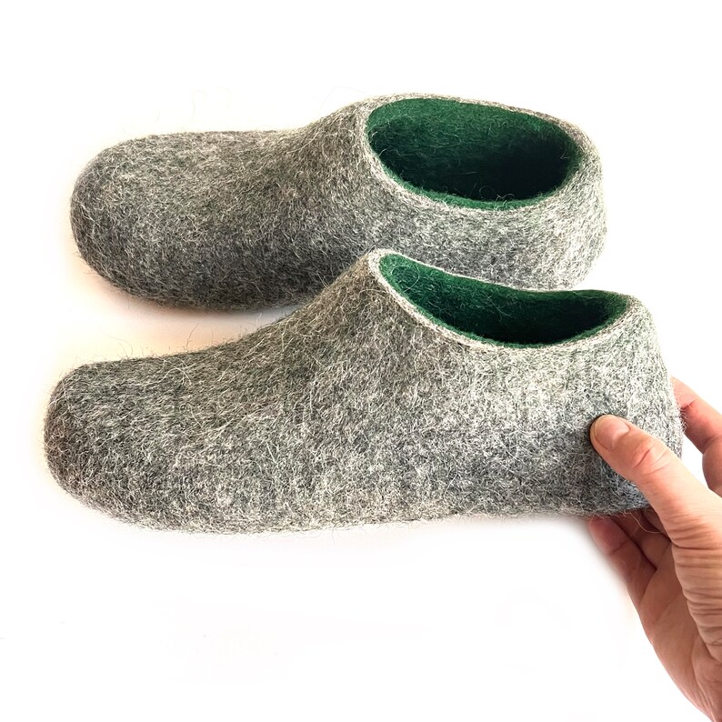 Wool house shoes Emerald Green Gray Felted slippers, Handmade sustainable Christmas Gift for Dad image 3