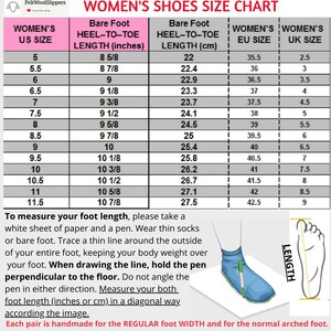 Size chart for women's felted wool slippers in US sizes 4–11.5. Helpful for shoppers customizing their organic house shoes. Includes width guidance for regular and wide feet.