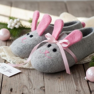 Coquette Bunny Slippers Women, Handmade Wool House Shoes, Warm Cozy Solution for Cold Floors, Romantic Gift for Her