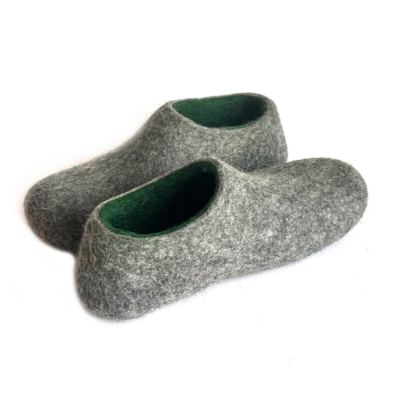Wool house shoes Emerald Green Gray Felted slippers, Handmade sustainable Christmas Gift for Dad image 4