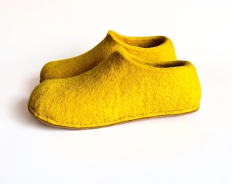 Wool Slippers Women, Felt House Shoes Gift, Handmade Home Joy, Yellow Wool, Cozy for Cold Floors