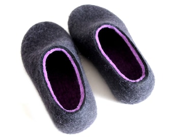 Best friend gift personalized Women felt slippers Black Purple - Custom: wool colors + rubber soles + indoor+outdoor