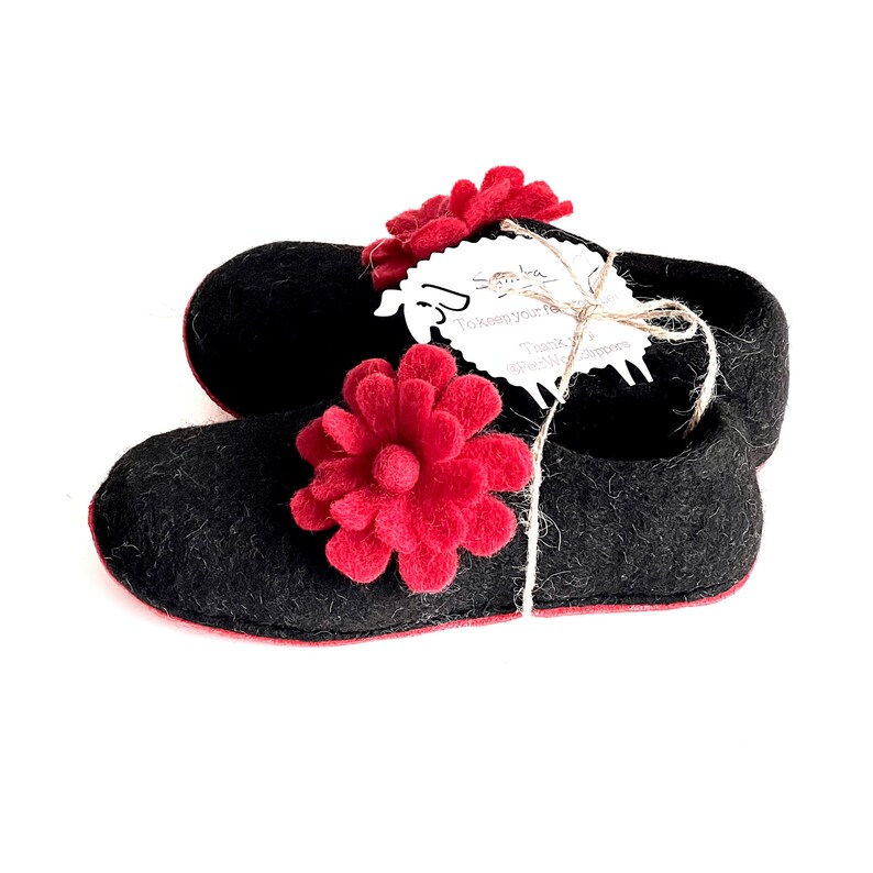 Romantic coquette wool slippers in black and red, wrapped with ribbon for gifting appeal. A cozy handmade Valentine’s, anniversary, or Christmas gift for wife, girlfriend, or mom, solving the problem of cold house floors.