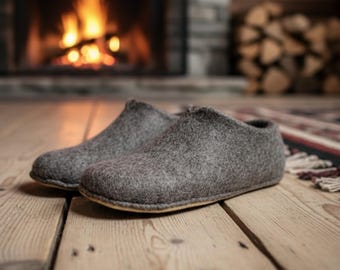 Wool Slippers for Dad, Handmade Felt House Shoes for Winter, Dark Gray Warm Clogs for Cold Floors, Eco Gift for Grandpa or Him