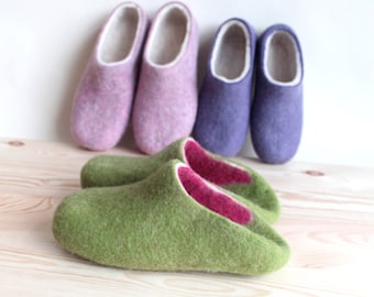 Felted comfy slides Fresh green Fuchsia slippers, Natural wool Village in mountains gifts / You choose colors for felt and rubber soles