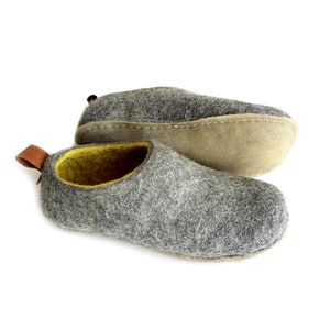 Custom color all wool slippers with easy Pulls, Best house slippers Yellow Gray with Leather like Eco Friendly Crepe soles image 3