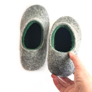 Wool house shoes Emerald Green Gray Felted slippers, Handmade sustainable Christmas Gift for Dad image 2