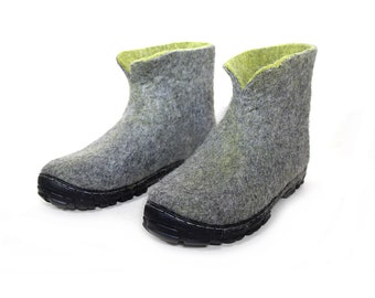 Snug wool felt boots for Men with super grip rubber soles, Gray Pistachio, Handmade to wear Winter Indoors or Out.  NEW Eco Wool 11+7 colors