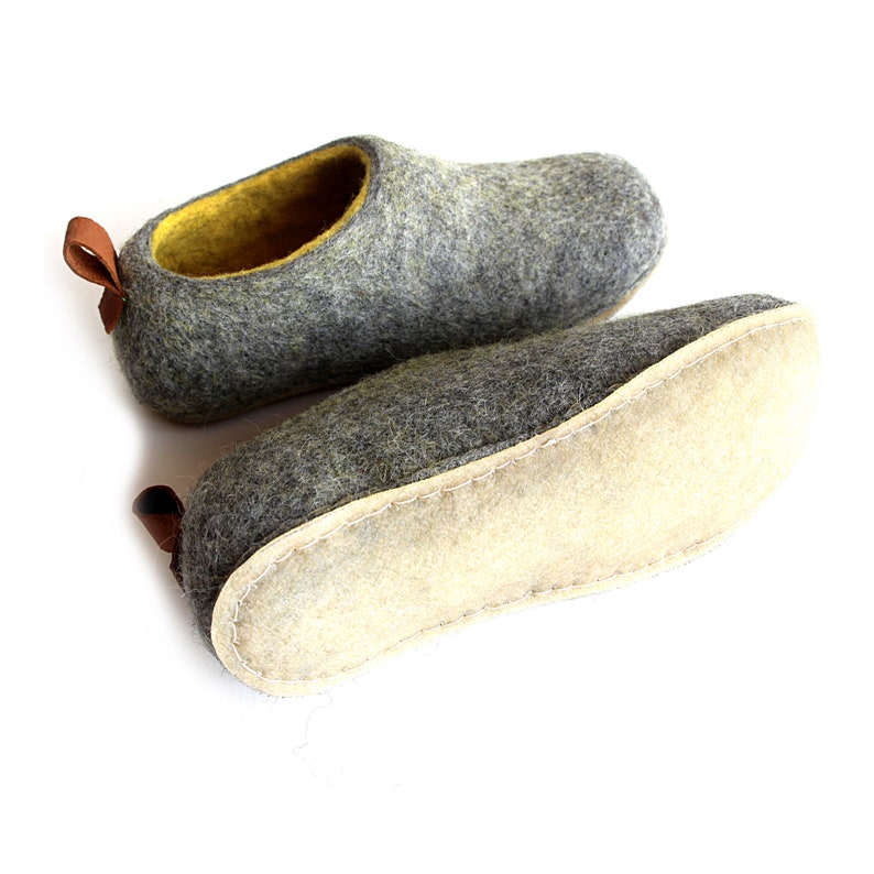 Custom color all wool slippers with easy Pulls, Best house slippers Yellow Gray with Leather like Eco Friendly Crepe soles image 4