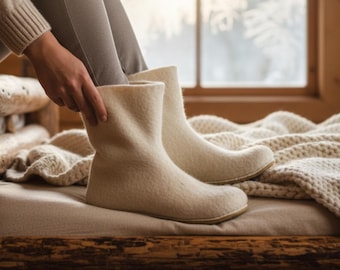 Wool Winter Boots Women, Tall Felted House Shoes, Luxury Gift for Cozy Season, Undyed White Wool, Warm for Heels, Calves, and Cold Floors