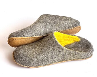 Boiled felted wool slipper slides Gray Yellow, Customized slippers Mules  - Winter Cold feet Travel gift traveler - Pick your 37 colors