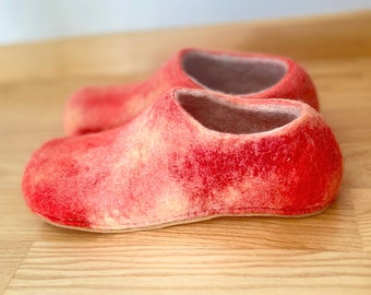 Gift sheep wool slippers, Coral Red Yellow Boiled Natural Warm Personal gifts for Her -  Personalized Custom 37 colors with rubber soles