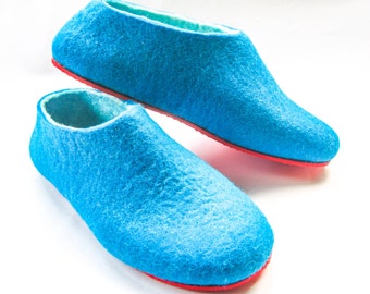 Cute house slippers Blue Turquoise, Wool Eco felted Barefoot slippers in color blocking, Designed to wear indoors or out. NEW 37 WOOL colors