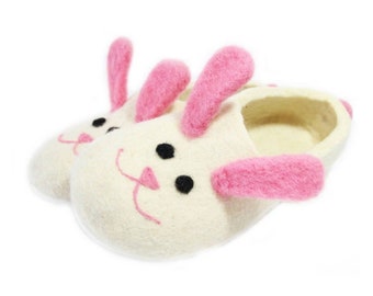 Bunny Wool Felt Slippers, Warm gift for any Easter Rabbit lover or animal enthusiast - Custom 37 colors + rubber soles