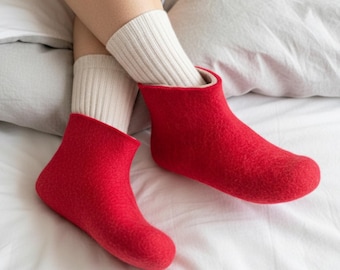 Wool Booties Women – Cold Feet Solved, Handmade Red Felt Slippers, Organic Christmas Gift, Cozy Winter Comfort