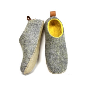 Custom color all wool slippers with easy Pulls, Best house slippers Yellow Gray with Leather like Eco Friendly Crepe soles image 1