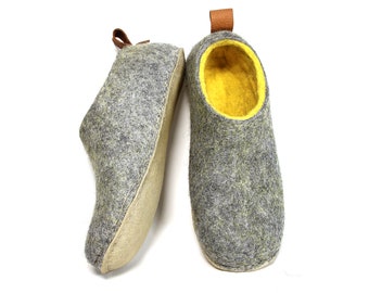 Custom color all wool slippers with easy Pulls, Best house slippers Yellow Gray with Leather like Eco Friendly Crepe soles