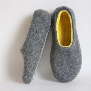 Gray Wool Felted Slippers Women, Cozy Minimalist House Shoes, Feel-Good Gift for Her, Yellow Interior Wool, Natural Warmth for Tired Feet