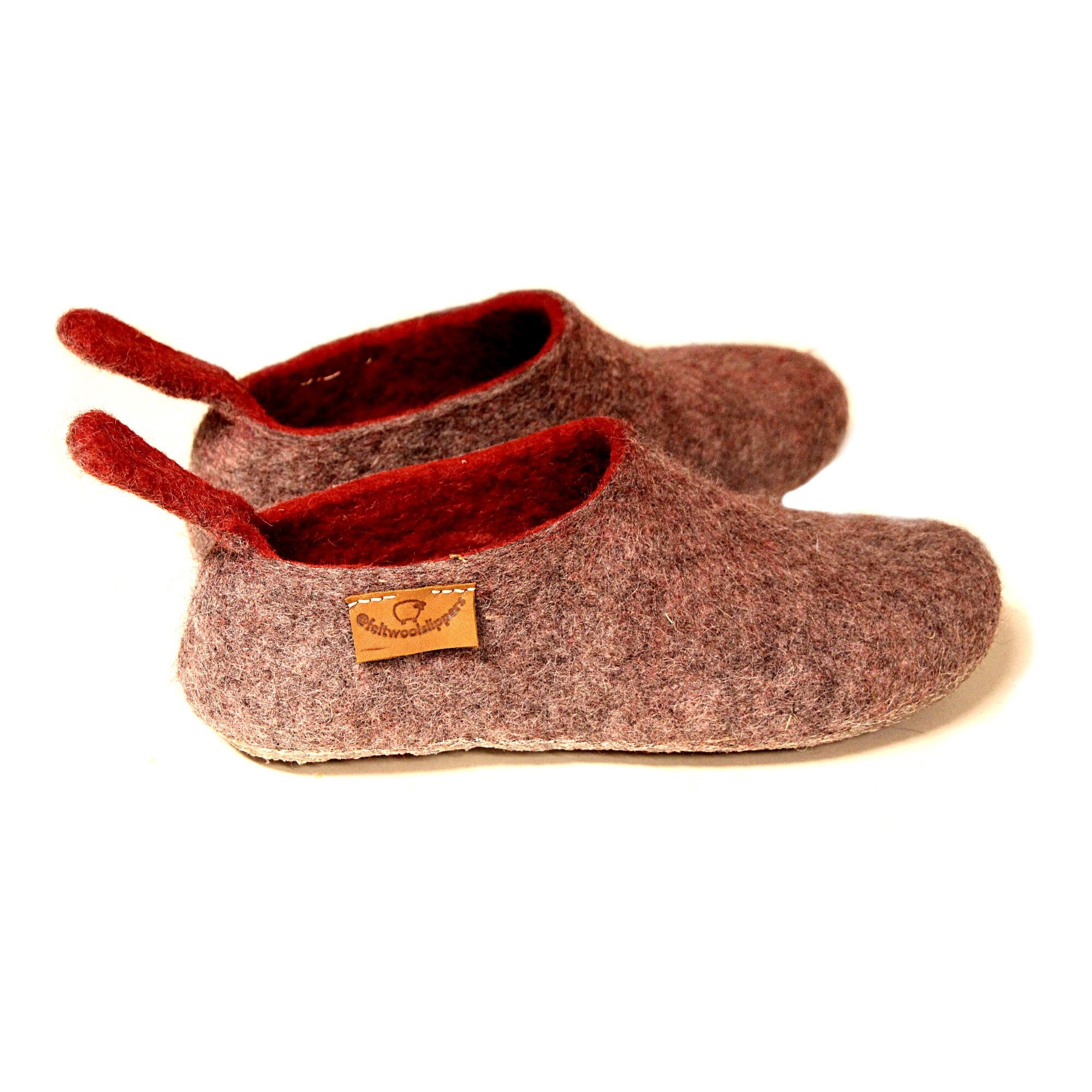 Felt Men House Shoes Deep Gray Red Wool 