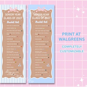 May include: Two vertical rectangular checklists titled Senior Year Class of 2027 Bucket List. The designs feature a brown scalloped center with white text, a pink bow at the top, and various emojis next to each item. One has blue stripes, the other is solid light blue.