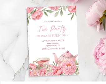 Tea Party Birthday Invitation, Par-tea Birthday Girl Invitation, Girl Pink Peonies Floral Invite, Teacup Invitation, Instant Download
